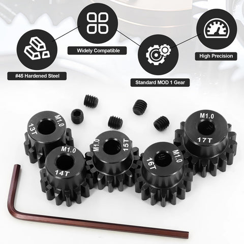 Beefed Up Five Gear Pinion Set For 1/8 And 1/10 RC Cars With 5mm Bore Hardened Steel Gears Including 13T 14T 15T 16T 17T and hex key