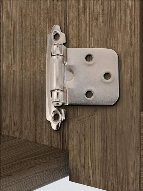 2 Pack Self Closing Spring Cabinet Hinges with screws for overlay doors flush mount in silver finish on wood cabinet door