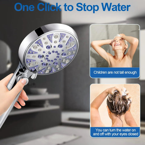 Detachable High Pressure Handheld Shower Head With 15 Stage Filtration System Featuring On Off Switch, in bathroom.