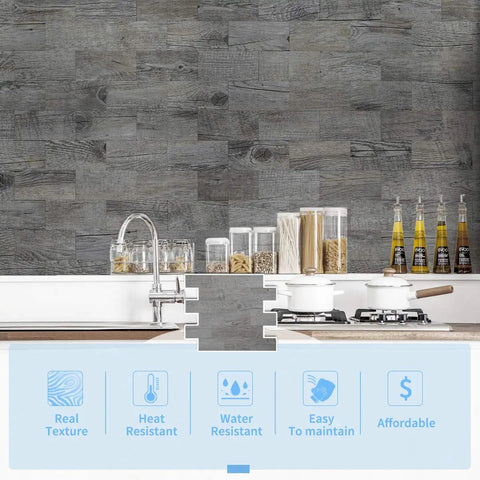 Peel And Stick Wood Wall Panels Gray Pack Of 10 Sheets, DIY Friendly Accent Wall Or Backsplash With Distressed Wood Grain, Waterproof And Heat Resistant, Easy Install For Fast Renovations