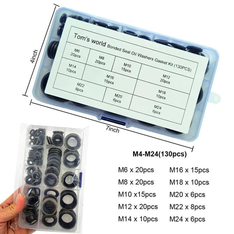 130 Piece Self Centered Bonded Seal Oil Washer and Gasket Set for DIY Plumbing Auto Mechanical Electrical and Cylinder Repairs in 10 Sizes From M6 to M24 with Nitrile Butadiene Rubber Gaskets, assorted washers in case
