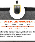 Display of 7 temperature adjustments on under desk heated floor mat with 55W power, comfy foot warmer pad for home office comfort.