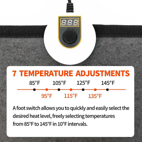 Display of 7 temperature adjustments on under desk heated floor mat with 55W power, comfy foot warmer pad for home office comfort.