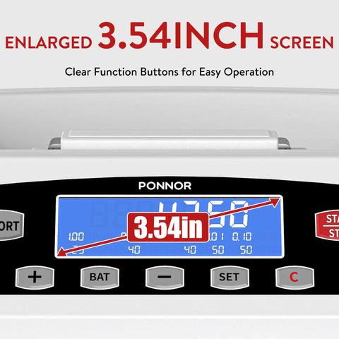 Ponnor Automatic Coin Counter Machine Sorter And Wrapper With Fast 300 Coins Per Minute Speed showing 3.54-inch screen and function buttons.