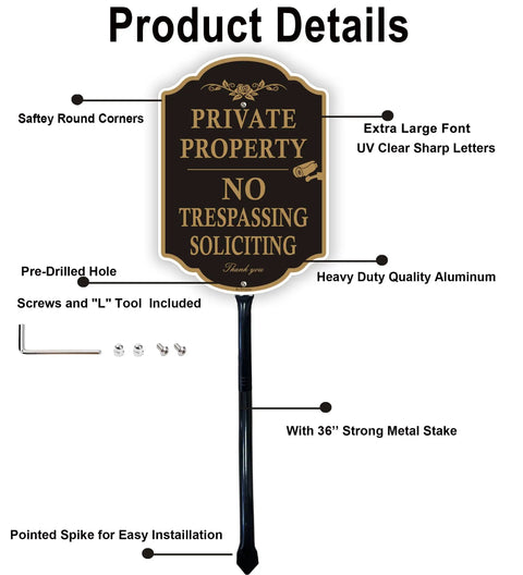 Top Shelf Rust Free Aluminum Private Property Signs With Heavy Duty 36 Inch Stakes, featuring large font, pre-drilled holes, and easy installation.