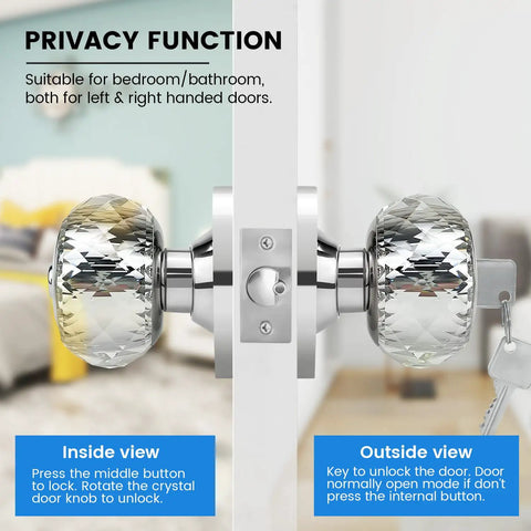 Crystal Door Knobs With Lock And Keys, 6 Pack Keyed Alike Glass Door Knob Set In Satin Nickel, privacy interior view on door