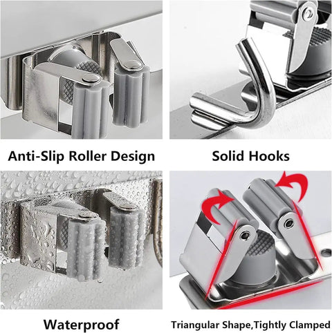 Four close-up views of Heavy Duty Mop And Broom Wall Mount Organizer With Metal Utility Hooks showing features like anti-slip design, solid hooks, waterproof, and triangular clamp.