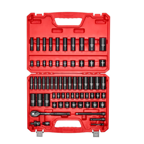 Pro Grade 3/8 Inch Drive Impact Socket Set, 64-Piece With Deep And Shallow 6 Point Sockets, SAE And Metric Sizes, 5/16 to 1 Inch, 6 to 24 mm, CR-V Steel, Ratchet Handle, Extensions, Universal Joint, Adapters in red case.