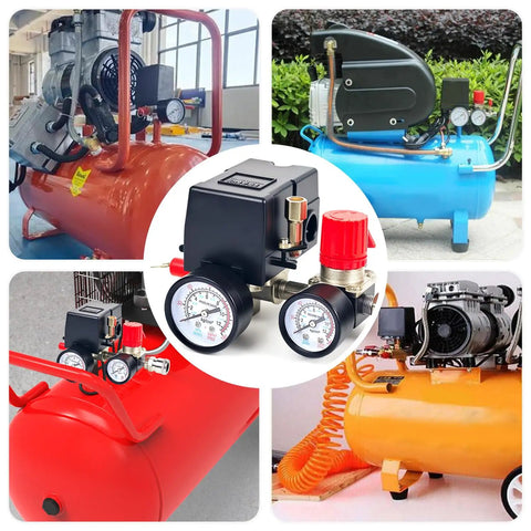 Air Compressor Pressure Switch Regulator Kit With 90 To 120 PSI Gauge And Fittings Set displayed on tanks.