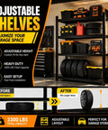 Heavy Duty Garage Shelving System With Boltless Adjustable Five Tier Steel Storage Racks, 660 Lbs Per Shelf Capacity, Built Tough Industrial Metal Shelves For Tools, Gear, And Big Garage Organization in garage with tires and bins