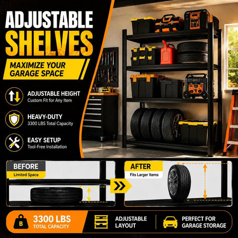 Heavy Duty Garage Shelving System With Boltless Adjustable Five Tier Steel Storage Racks, 660 Lbs Per Shelf Capacity, Built Tough Industrial Metal Shelves For Tools, Gear, And Big Garage Organization in garage with tires and bins