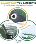 Heavy Duty Waterproof Tarp 20x25 Ft Reversible Green And Brown 12 Mil Thick Poly Sheet, showcasing grommets and reinforced corners.