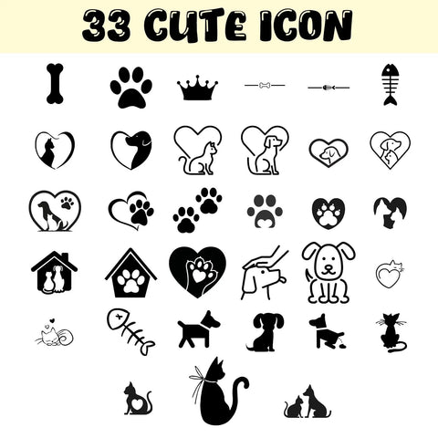33 cute pet-themed icons featuring dogs, cats, paws, and bones.