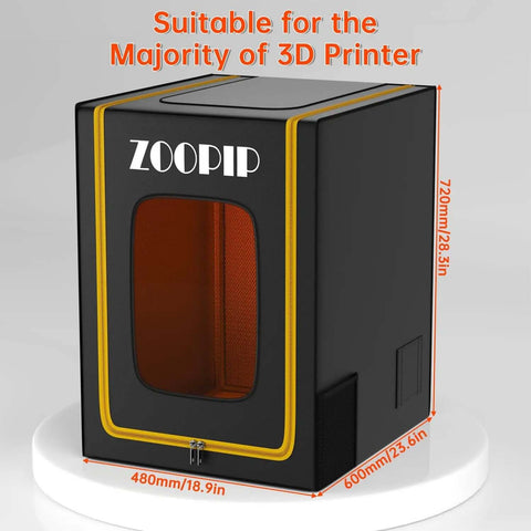 Fireproof 3D Printer Enclosure With Dustproof Vent, Built In Tool Storage And Constant Temperature, black and yellow design with dimensions