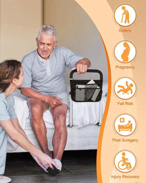 Elderly man using Heavy Duty Bed Assist Rail For Seniors Adjustable Side Rail With Storage Bag And Straps Easy To Install Ultra Stable