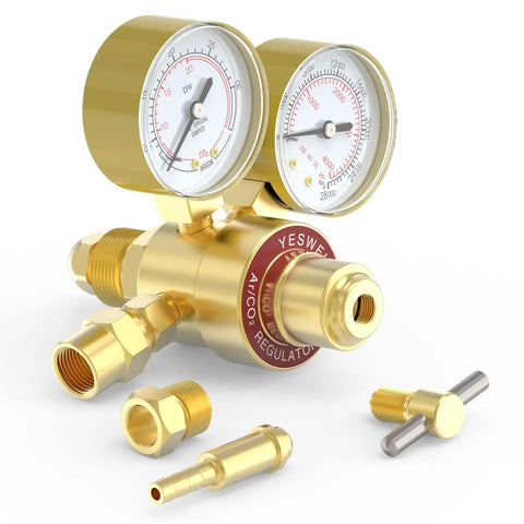Argon CO2 Regulator for MIG TIG Welding with Dual Gauges Dope PSI Range Zero to Four Thousand CGA580 Inlet, brass components