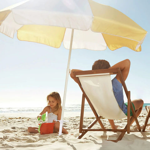 Child playing in sand beside an adult under a yellow beach umbrella anchored with Beach Umbrella Sand Anchor Heavy Duty Outdoor Stand Base With Five Spiral Screws And 2 Pack Umbrella Hooks For Beach Tents Sun Shelters Shade And Windy Beach Days.