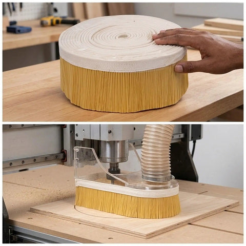 Clean Sweep Cnc Vacuum Brush 100Mm By 1M Length For Milling And Engraving Gear shown on CNC machine for dust control.