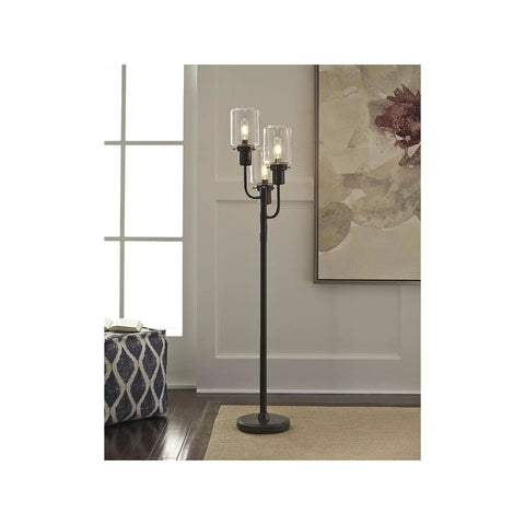 Urban Industrial Floor Lamp With Three Glass Shades In Bronze Finish, 60 Inch Tall, Plug In With Easy On Off Switch in living room