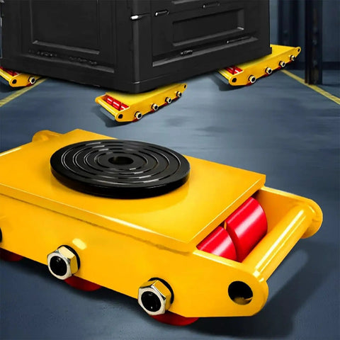 Heavy Duty Industrial Roller Skates For Moving Tonage Loads With 360 Degree Swivel Base And Non Slip Tray on warehouse floor.