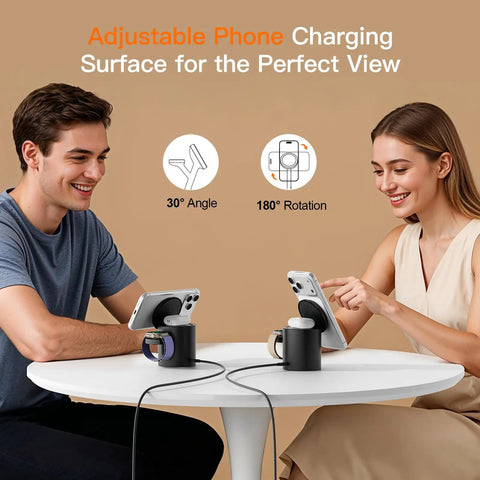 Foldable 3 In 1 Wireless Charging Station With MagSafe Stand on table with two people using iPhones on magnetic docks.