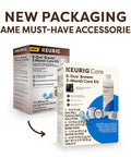 New packaging of K-Duo 3 Month Brewer Care Kit with descaling solution, cleansing tablets, rinse pods, and water filters.