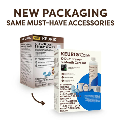 New packaging of K-Duo 3 Month Brewer Care Kit with descaling solution, cleansing tablets, rinse pods, and water filters.