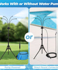 All In One Portable Misting Cooling System With Rechargeable USB Pump Or Faucet Connection showing misting modes