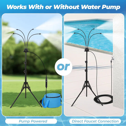 All In One Portable Misting Cooling System With Rechargeable USB Pump Or Faucet Connection showing misting modes