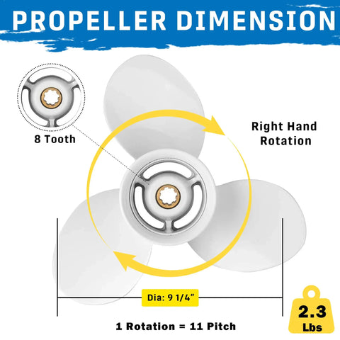 9.25 X 11 Aluminum Boat Propeller For Yamaha Outboard Motors 40 60 HP OEM 8 Spline 3 Blade Right Hand Rotation White Finish Built Tough For Rough Water And Long Lasting Performance