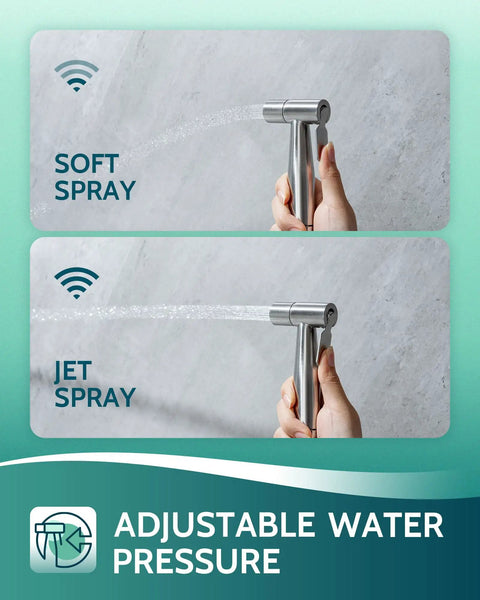 Handheld Bidet Sprayer For Toilet With Adjustable Water Pressure Jet Spray shown in soft and jet spray modes.