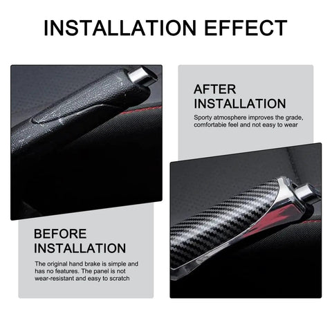 Before and after installation of Dope Carbon Fiber Look Handbrake Cover for Cars, showing sleek anti-scratch ABS protection on handle.