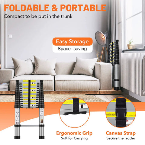 Room interior with 12.5 Foot Telescoping Aluminum Ladder With Triangle Stabilizers, Lightweight Extension Ladder near sofa.
