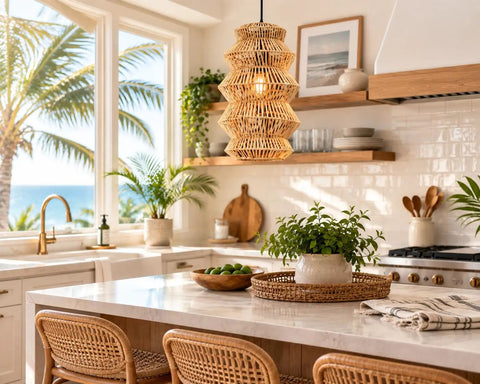 FOREVER BAMBOO Handwoven Indonesian Bamboo Pendant Light, 18 in H x 12 in W hanging in a bright kitchen with palm trees outside.