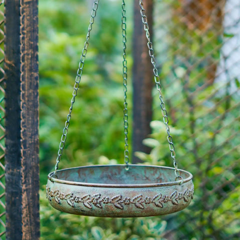Hanging Bird Bath For Outdoors With Metal Bowl And Stable Triple Chain Design, Powder Coated For Rust Proof Durability