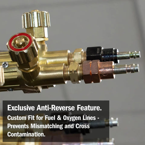 Close-up of Oxy Fuel Quick Connect Torch To Hose Coupler Set showing anti-reverse feature and custom fittings.