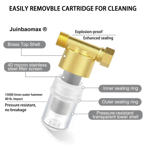 XZ03 Reusable Brass Sediment Filter, 40 Micron Water Filtration System with brass top shell and stainless steel filter.