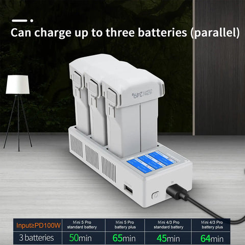 Powerful 100W Battery Charging Station With Color Screen For Mini5 4 3 Pro Drones in use, charging three batteries