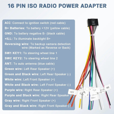 Car Stereo Wiring Harness Kit With 16 Pin ISO Connector showing labeled wires for universal Android radios installation.