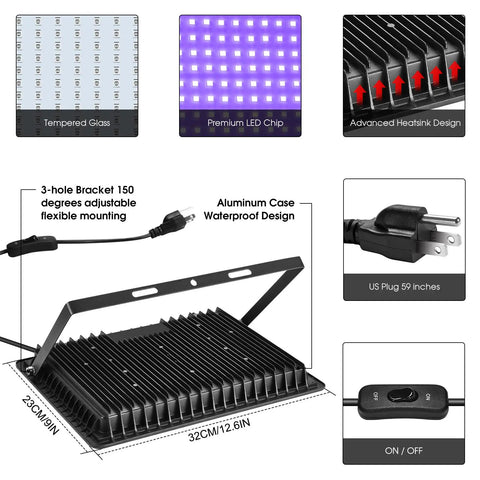 Four 300 Watt Led Black Flood Lights With Ip66 Waterproof Rating And Easy Plug Switch Connection Crafted For Epic Glow Ups Halloween Backyard Raves And Fluorescent Art Installations