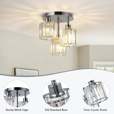 Semi Flush Mount Ceiling Light With Dope Crystal Shades 3 Light Modern Close To Ceiling Fixture in room view