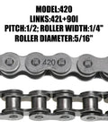 420 Chain Replacement Kit For Mini Bikes And Powersports with 42-link front and 90-link rear drive chains, steel construction.