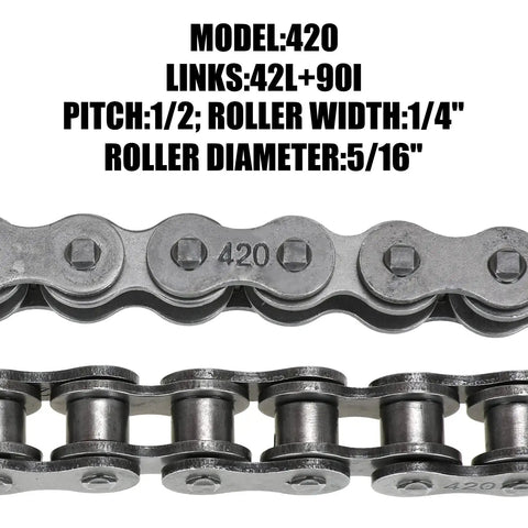 420 Chain Replacement Kit For Mini Bikes And Powersports with 42-link front and 90-link rear drive chains, steel construction.
