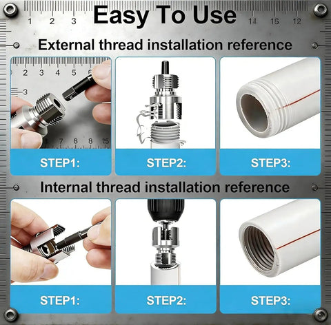 Easy installation steps for Premium 3-Piece Integrated PVC Pipe Threading Tool Set With Carbon Steel Build for internal and external threads.