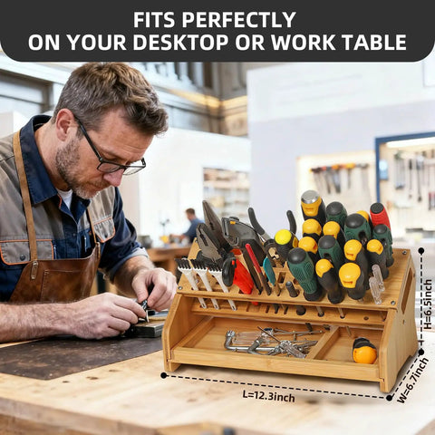 Eco Friendly Bamboo Screwdriver Organizer And Tool Storage Rack For Workbench And Desktop with tools displayed on a bench