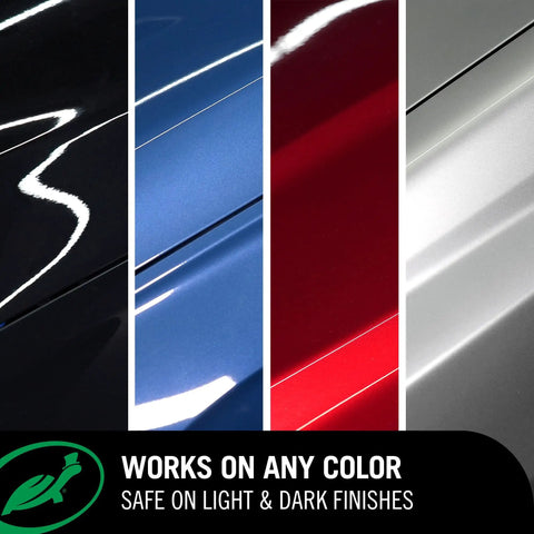 Paint finishes in black, blue, red, and silver showing effectiveness of Scratch Repair And Renew Car Polish For Scratches Swirl Marks Paint Transfer Headlight Oxidation And Water Spots Safe For All Paint Colors 7oz With Protective Resin Formula For A Long Lasting Showroom Shine And No Fuss Easy Apply.