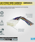 Car stereo wire harness with labeled features for GM vehicles 1995-2005, shown with multicolored wires and connectors.