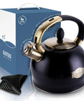 Stove Top Whistling Tea Kettle 2.64 Quart With Food Grade Stainless Steel Teakettle And No Sweat Cool Touch Ergonomic Handle, Push Button Pouring, Includes Silicone Mitt, Black Finish