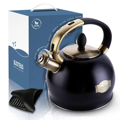 Stove Top Whistling Tea Kettle 2.64 Quart With Food Grade Stainless Steel Teakettle And No Sweat Cool Touch Ergonomic Handle, Push Button Pouring, Includes Silicone Mitt, Black Finish