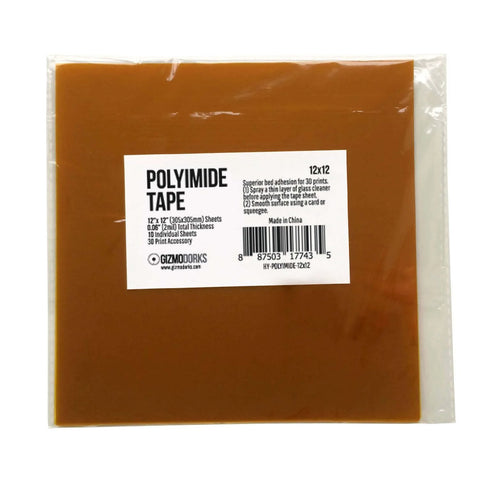Image of Kapton Polyimide Tape For 3D Printing, High Temp Heated Bed Tape, 12 x 12 inches, 10 sheets per pack with label.